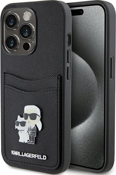 Mbështjellës Karl Lagerfeld Saffiano Cardslot Karl&Choupette Metal Pin për iPhone 15 Pro, i zi