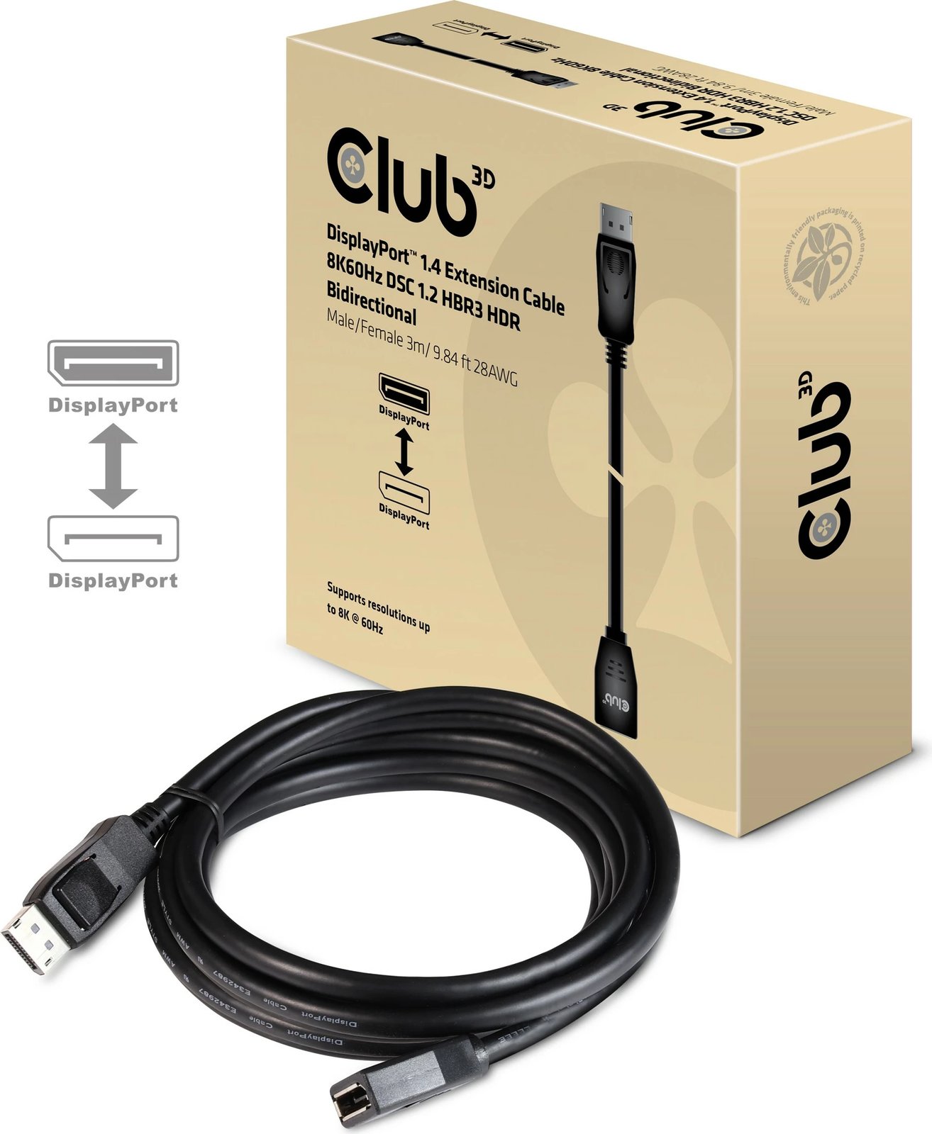 Kabllo DisplayPort Club3D 1.4, 3m, 8K60Hz, zgjatje, e zezë