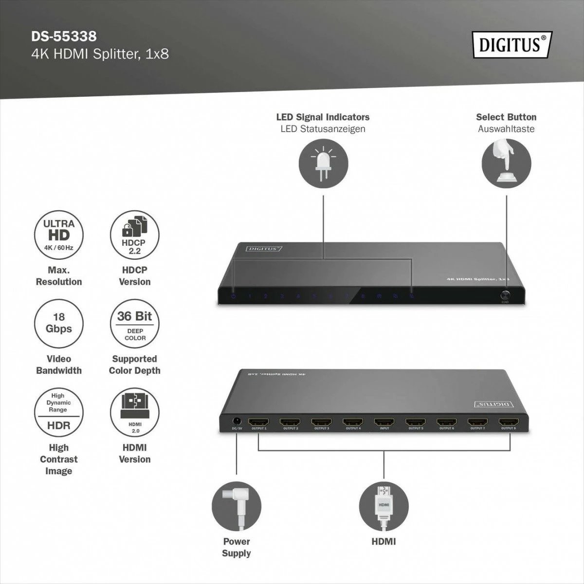 Shpërndarës HDMI Digitus DS-55338, 1x8, 4K/60Hz, HDR, i zi
