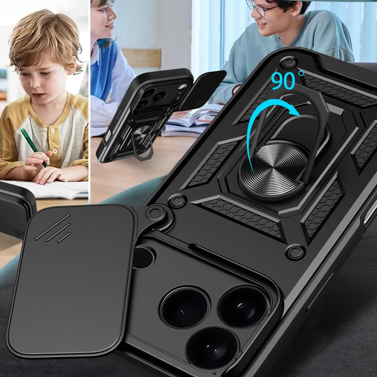 Mbështjellës Hurtel Hybrid Armor Camshield për iPhone 17 Pro Max, me mbajtëse dhe mbulesë kamere, i zi