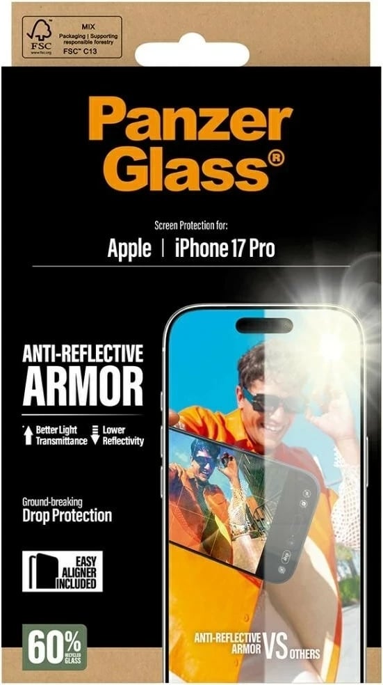 Mbështjellës xhami PanzerGlass Armor Anti-Reflective EasyAligner për iPhone 17 Pro, transparent