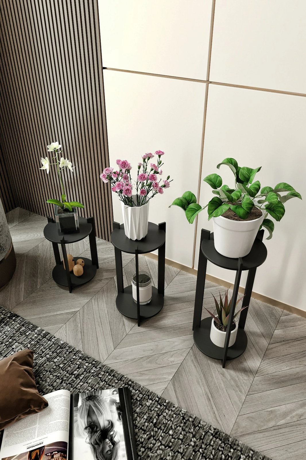 Stenda druri për lule, e zezë, Skye Decor, set prej 3 copash Stenda druri për lule, e zezë, Skye Decor, set prej 3 copash