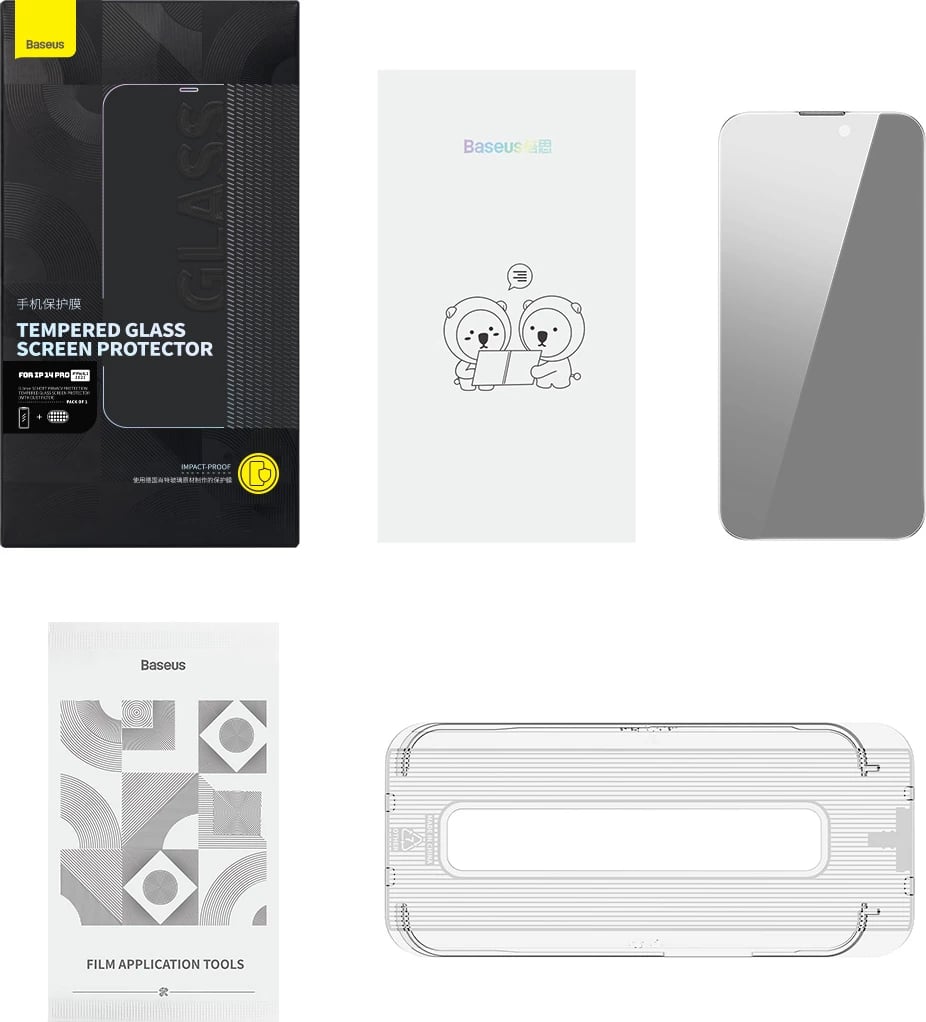 Mbështjellës xhami i temperuar Baseus për iPhone 14 Pro, 0.3mm, Anti Spy, Transparent, me kornizë montimi