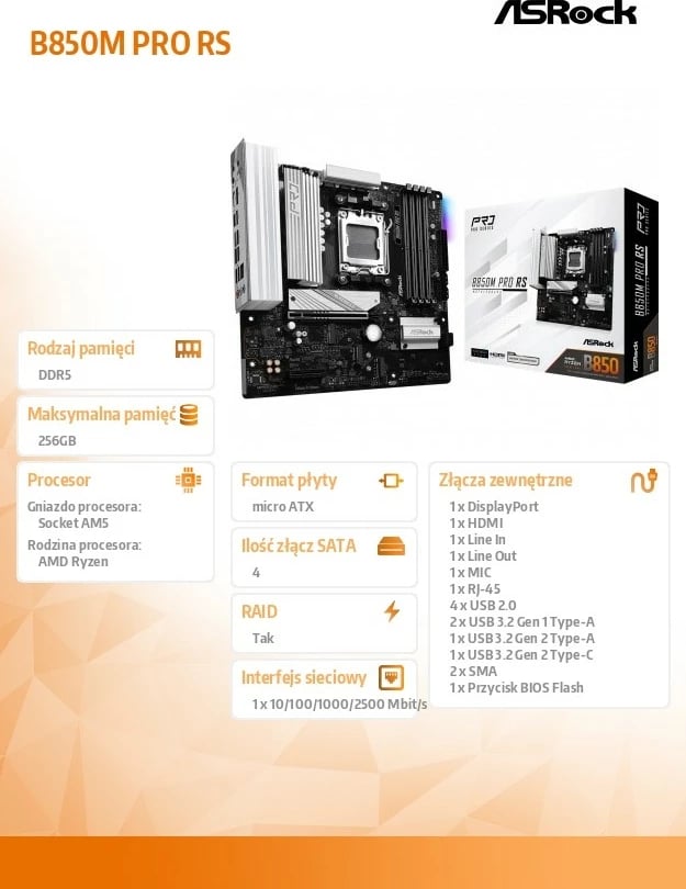 Pllakë amë ASRock B850M PRO RS, Socket AM5, 4x DDR5, micro ATX