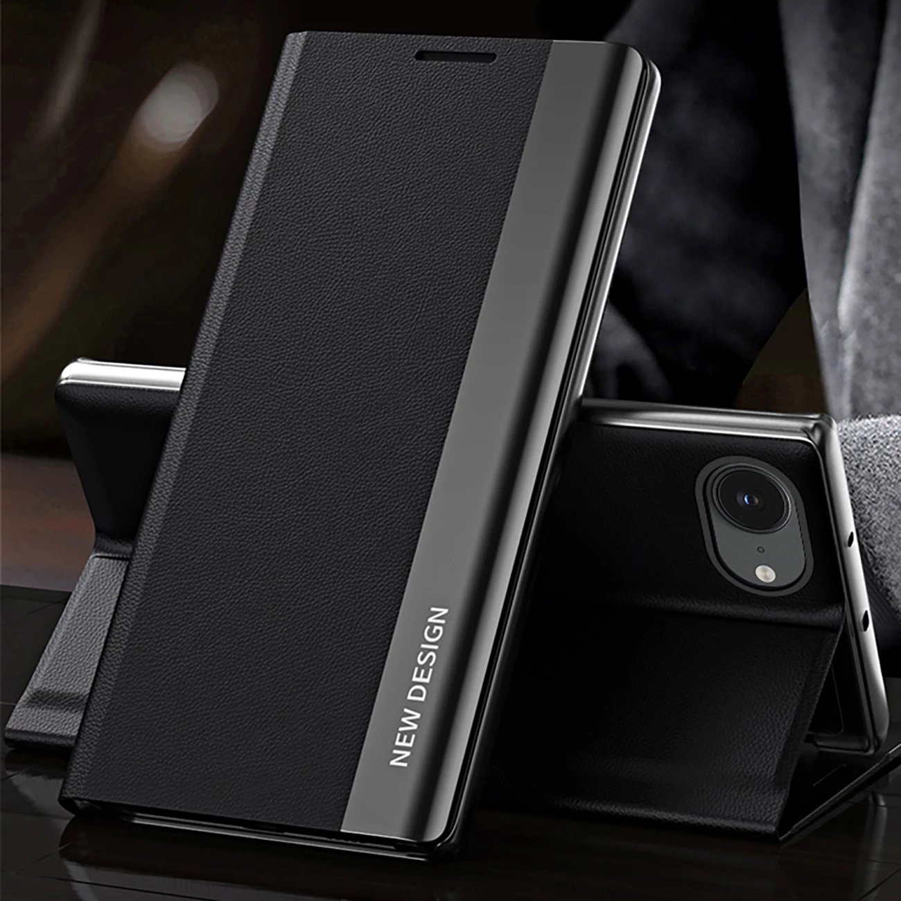 Mbështjellës Hurtel Sleep Case Pro për iPhone 16e, me kapak dhe stand, zi