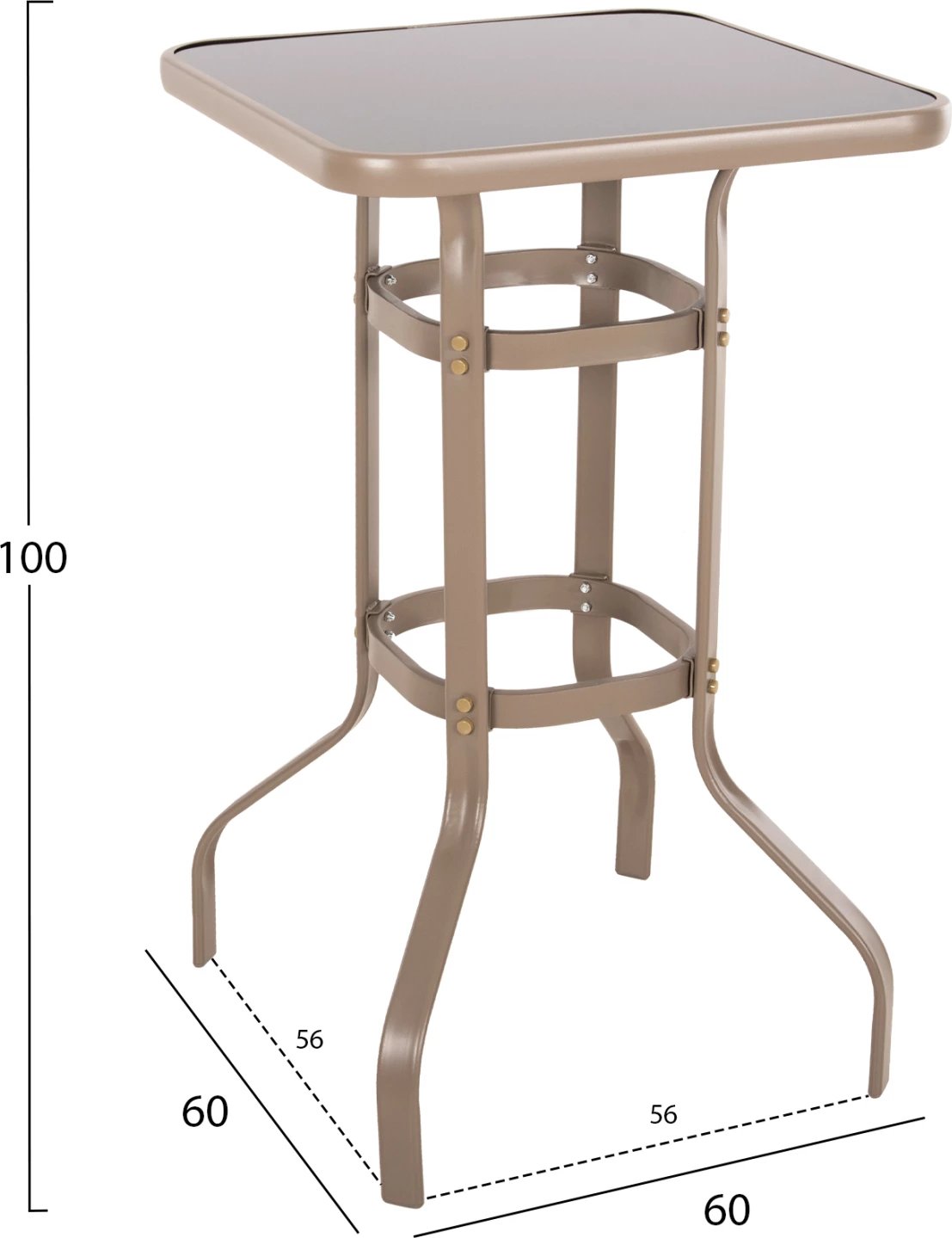 Tavolinë për bar, katrore, FIGGY, FH6066.04, ngjyrë shampanjë metalike, xham i kalitur, 60x60x100H cm