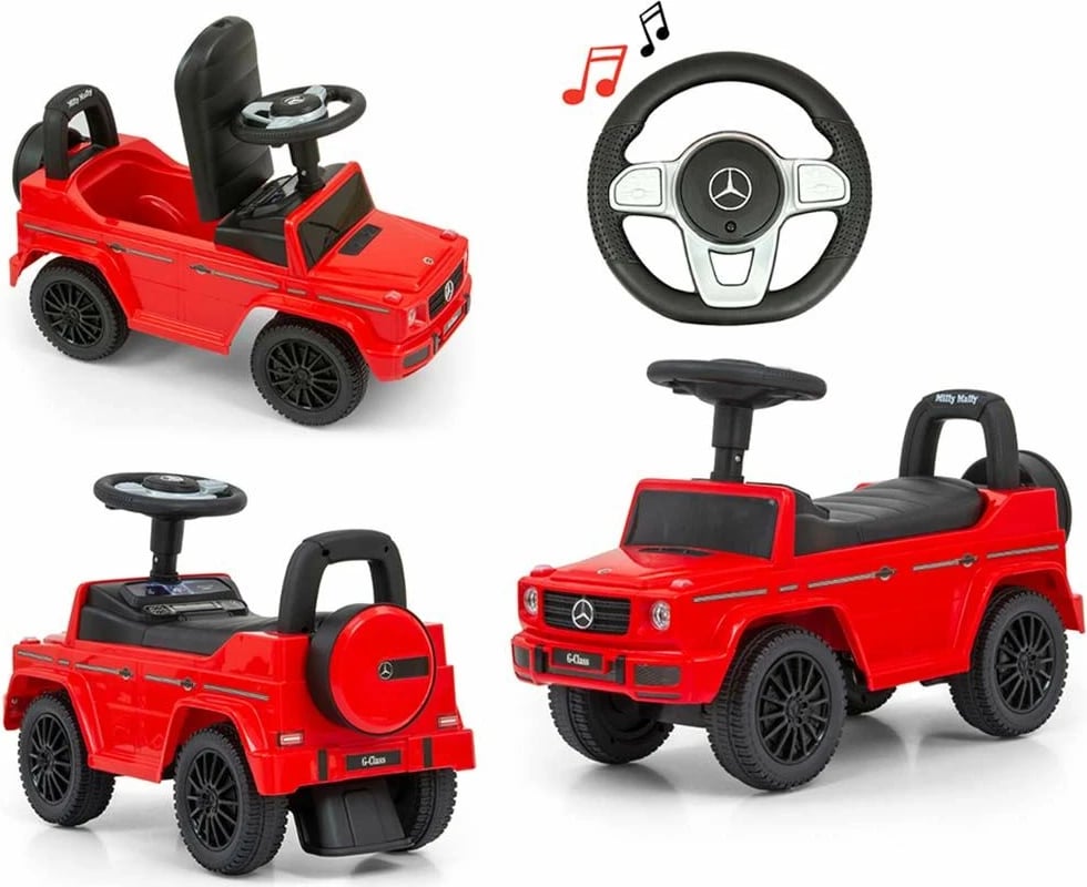 makinë lodër shtytëse për fëmijë, Milly Mally, Mercedes G350d, timon me tinguj, rrota para rrotulluese, sedilje me hapësirë, 12-36 muaj, 25 kg, e kuqe