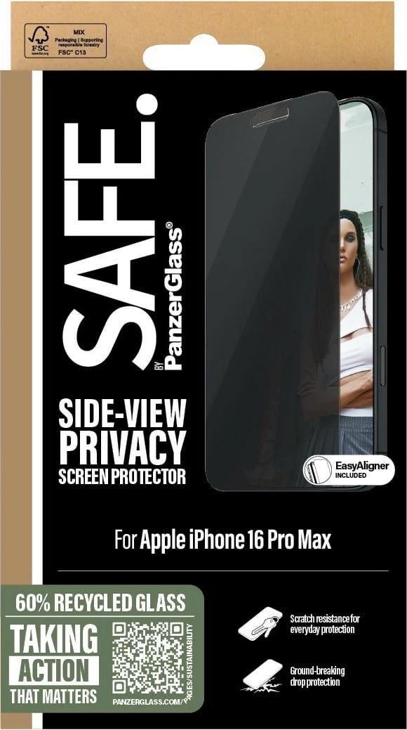 Mbështjellës ekrani PanzerGlass SAFE Privacy për iPhone 16 Pro Max, transparent