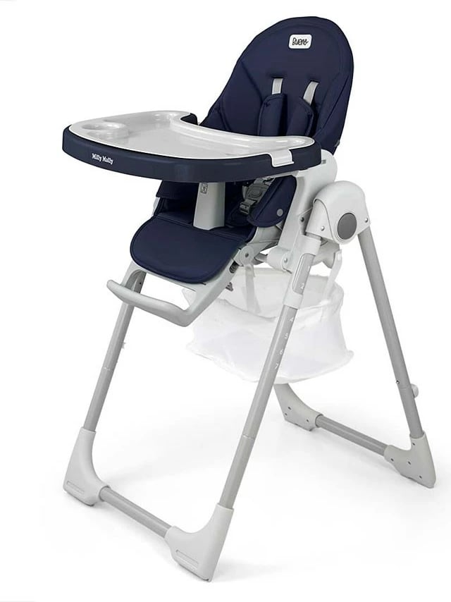 Karrige e lartë bebe, Milly Mally, Bueno Ocean, rregullim lartësie 7-nivel, shpinore reclinueshme, rripa 5-pikësh, 6–36 muaj, blu navy