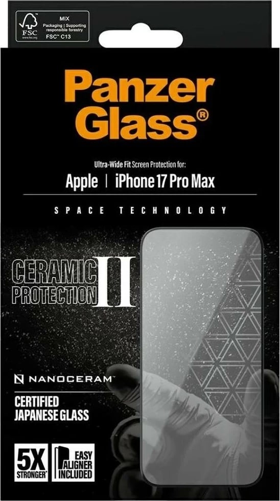 Mbështjellës xhami PanzerGlass Ceramic II Ultra-Wide Fit EasyAligner për iPhone 17 Pro Max transparent