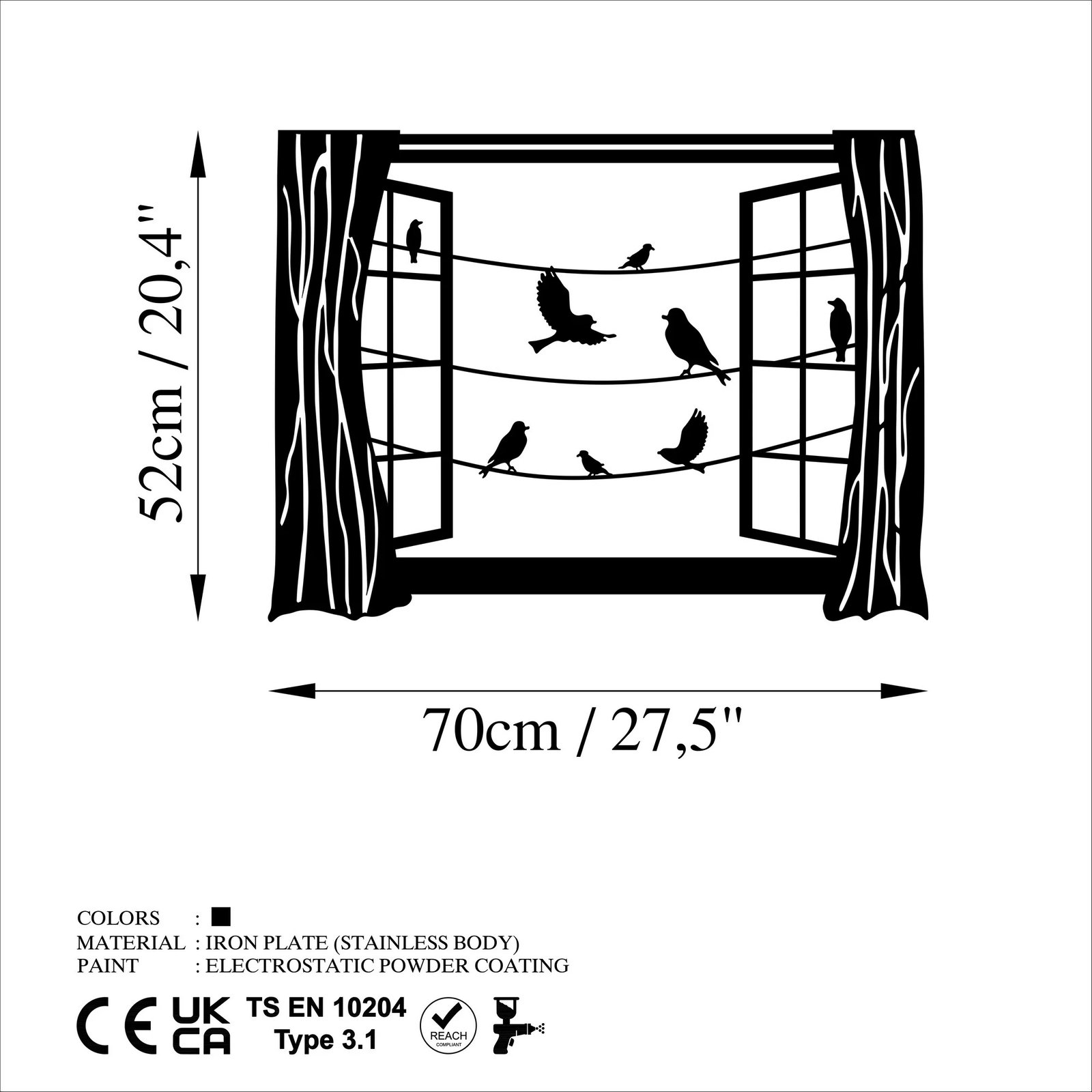 Aksesor dekorativ metalik për mur, zogj para dritares, Wallity