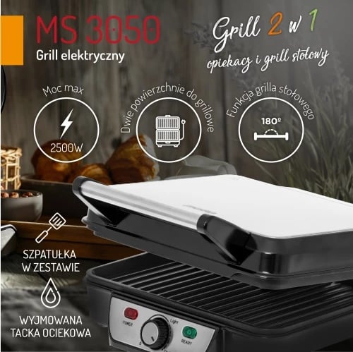 Grill elektrik kontakt 2-në-1, Mesko MS 3050, 2500W max, pllaka 28x23 cm, hapje 180°, kontroll temperature, veshje jo‑ngjitëse, me tabakë piku dhe spatulë