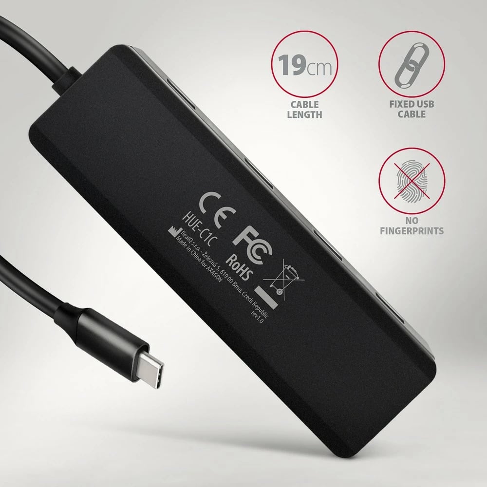Hub USB AXAGON HUE-C1C, 4 porta, USB 5Gbps, kabllo Type-C 19cm, furnizim shtesë me USB-C, i zi