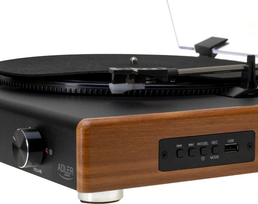 Gramofon Adler AD1915 me USB, Bluetooth, altoparlantë të integruar, i zi me pamje druri