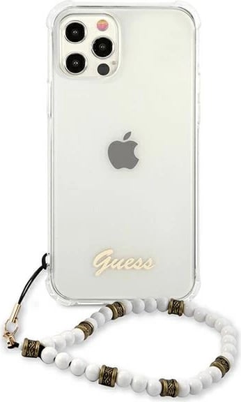 Mbështjellës Guess GUHCP12MKPSWH për iPhone 12/12 Pro 6.1", transparent me varëse perlë Mbështjellës Guess GUHCP12MKPSWH për iPhone 12/12 Pro 6.1", transparent me varëse perlë