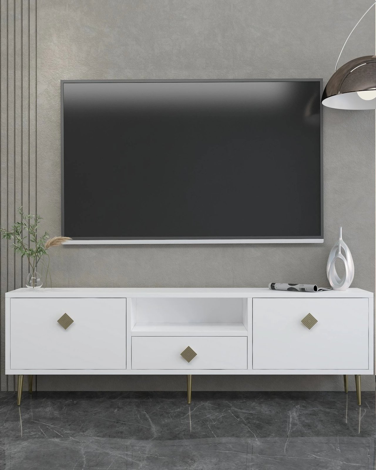 Komodë për TV Skye Decor, 1308-DROP-1, e bardhë, e artë