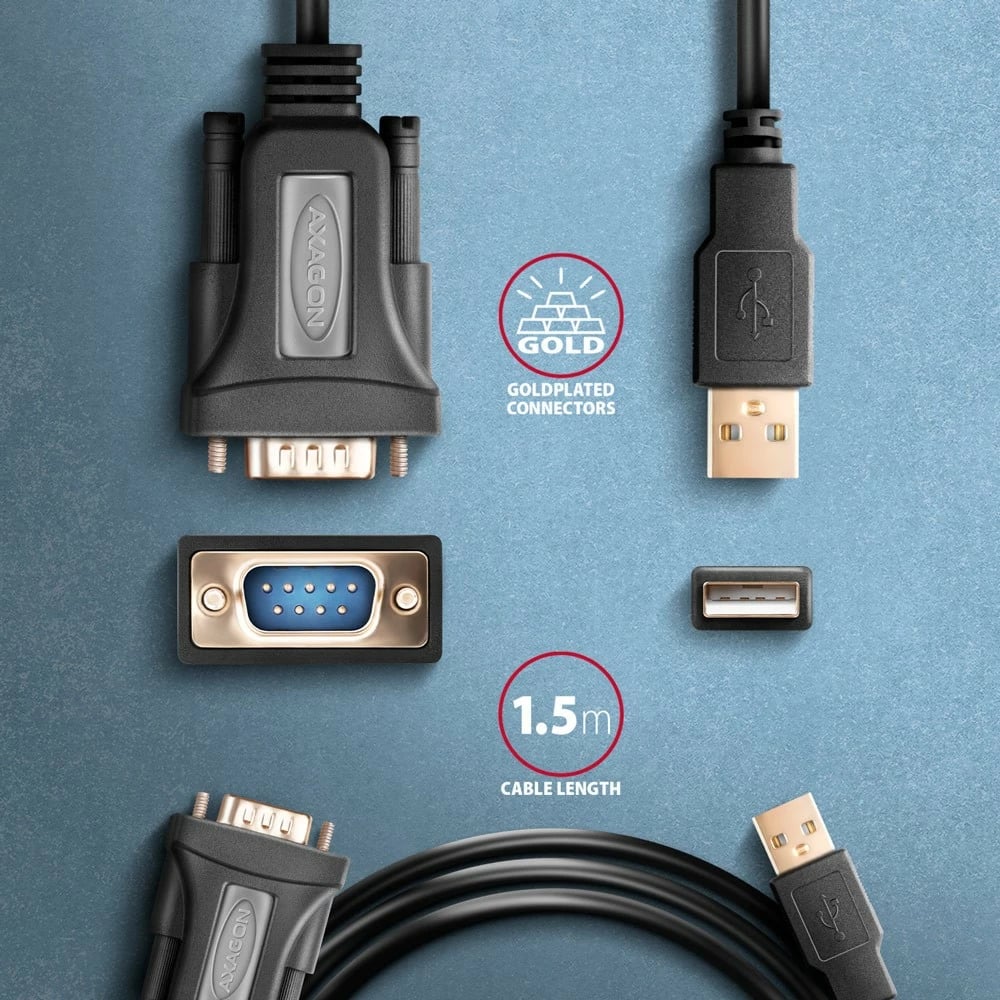 Adapter AXAGON ADS-1PQN USB 2.0 në RS-232, 1.5m, FTDI, i zi