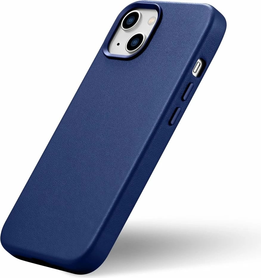 Mbështjellës iCarer për iPhone 14 Plus, lëkurë natyrale, MagSafe, Kaltër