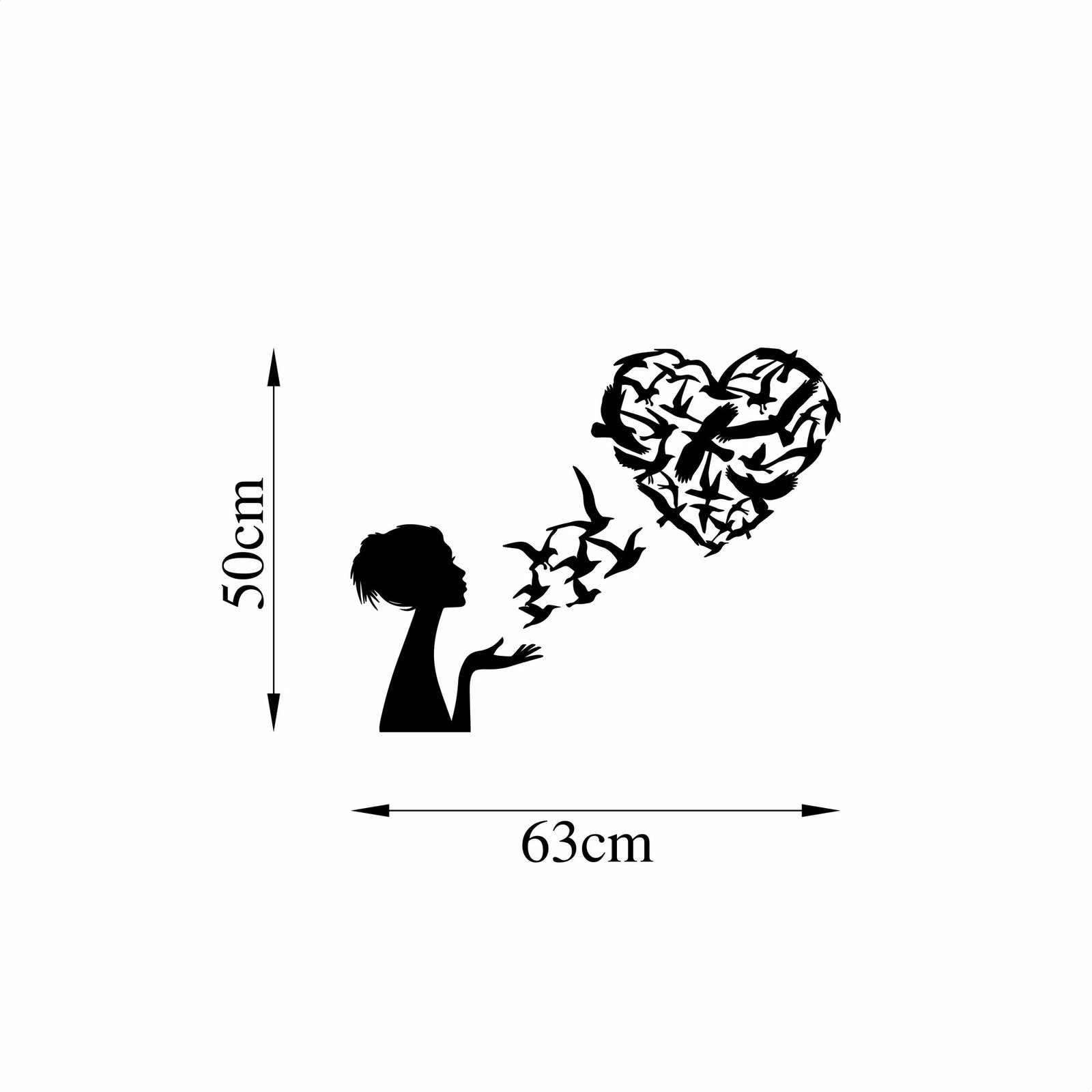 Aksesor dekorativ metalik për mur, siluetë gruaje me zogj dhe zemër, Wallity - 465