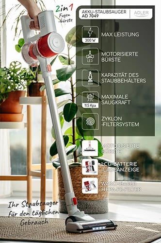 Fshesë elektrike pa kabllo vertikale Adler AD 7051, 300W, 0.6L, 22.2V Li-ion 2200mAh, brushë me LED, tregues LCD, e bardhë/kuqe Fshesë elektrike pa kabllo vertikale Adler AD 7051, 300W, 0.6L, 22.2V Li-ion 2200mAh, brushë me LED, tregues LCD, e bardhë/kuqe