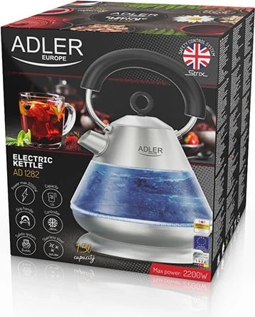 Zierëse uji elektrike, Adler AD 1282, 1.5L, 1850–2200W, STRIX, LED blu, bazë 360°, qelq/çelik, inox