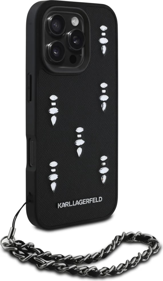 Mbështjellës Karl Lagerfeld Saffiano Crystals me zinxhir, për iPhone 16 Pro, i zi