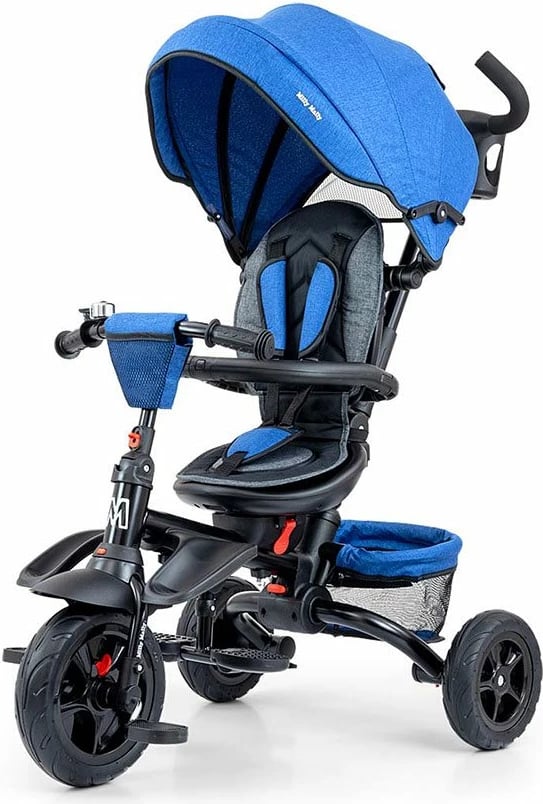 Tricikël me shufër drejtuese, Milly Mally Stanley 6-in-1, sedilje rrotulluese 360°, rrota gome, dorezë shtytëse e rregullueshme, canopy palosës, shportë – blu-zi