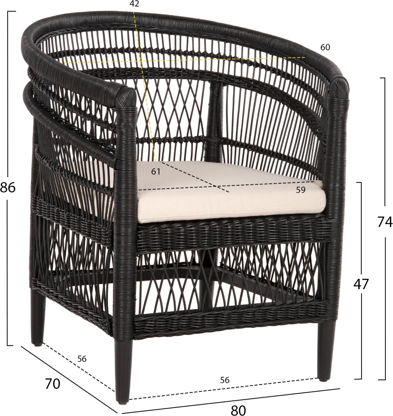 Karrige Malawi FH9635.03 dru mahogany me rattan, jastëk bardhë e zi, 80x70x86H cm