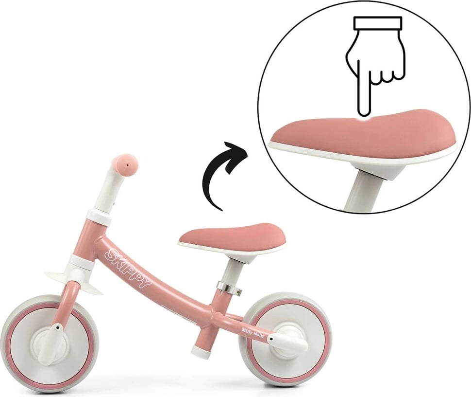 biçikletë balancuese, Milly Mally, Skippy, rrota EVA pa shpim, sedilje e rregullueshme, 18+ muaj, rozë