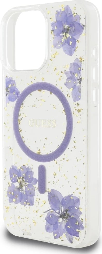 Mbështjellës MagSafe, Guess Resin Flowers, për iPhone 16 Pro 6.3", hardcase TPU/PC, vjollcë