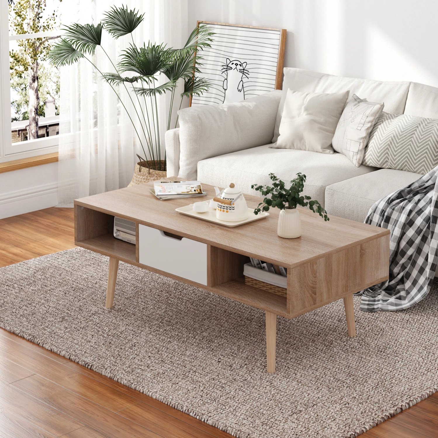 Tavolinë kafeje KRENER FH9877.04 melaminë në ngjyrë sonama & këmbë druri pishe të bardhë 104Χ50Χ42H cm Tavolinë kafeje KRENER FH9877.04 melaminë në ngjyrë sonama & këmbë druri pishe të bardhë 104Χ50Χ42H cm