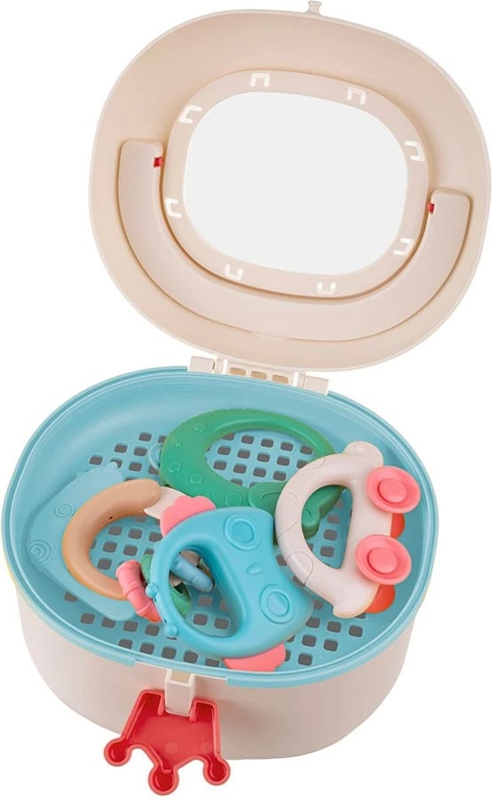 Kuti ruajtëse për lodra gringëlluese dhe kafshues, AKUKU, me dorezë, kapëse në formë kurore, grilë tharëse/sitë, dritare transparente, 20x18x13 cm, e bardhë