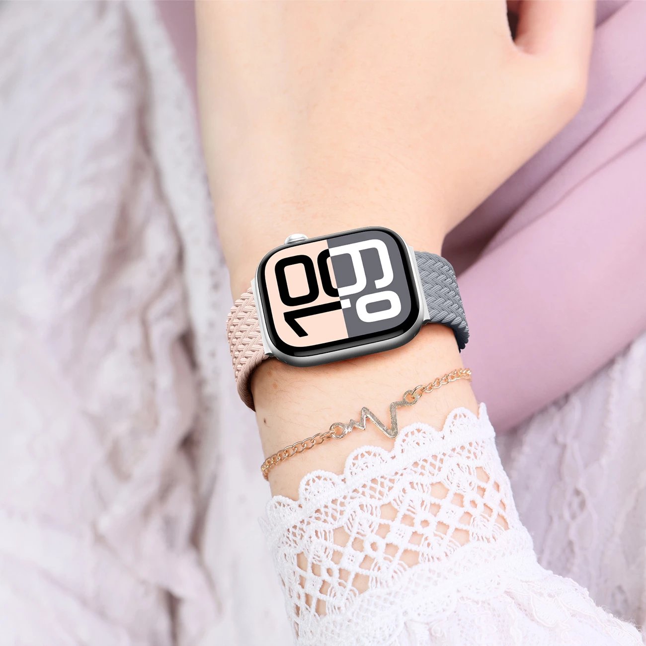 Set rripash AmazingThing Blend Band për Apple Watch 45/46/49mm, rozë-gri/rozë, 2 copë