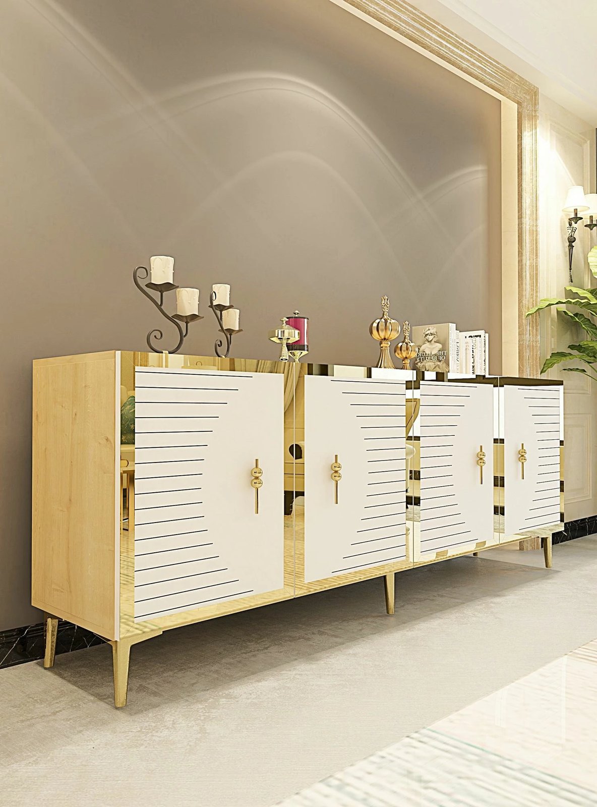 Konsol Skye Decor, Tuna 180, ngjyrë lis safir, e bardhë, ari