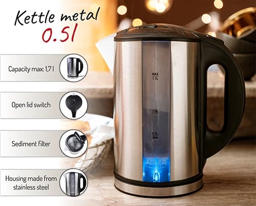 Zierëse uji elektrike, Adler, AD 1216, 1.7 L, 1850-2200 W, inox