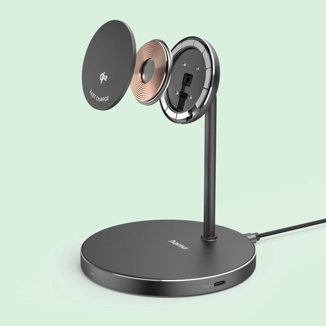 Karikues pa tela me magnet tavoline, Hama 201737, Qi2 Fast Charge 15W, mbajtës i rregullueshëm 0–65° me rrotullim 360°, 2x USB-C, i zi