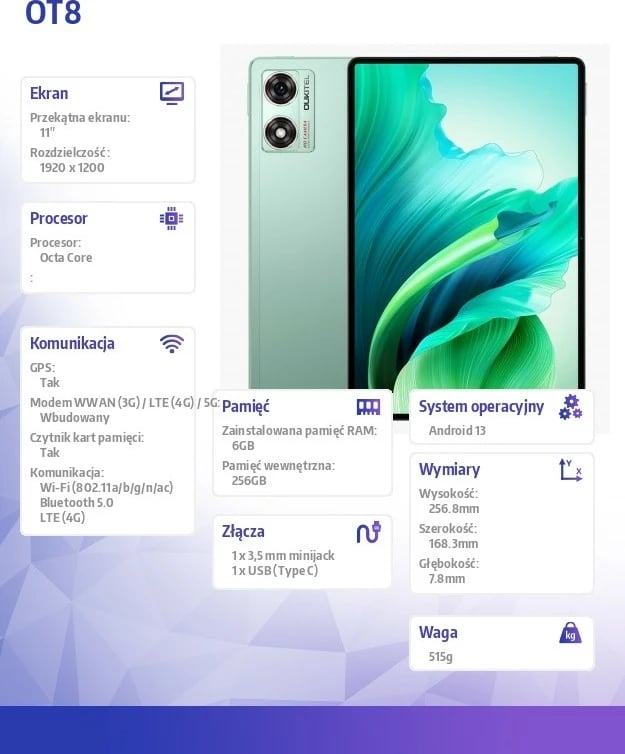 Tablet Oukitel OT8, 11 inç, 6/256GB, 8800 mAh, Gjelbër