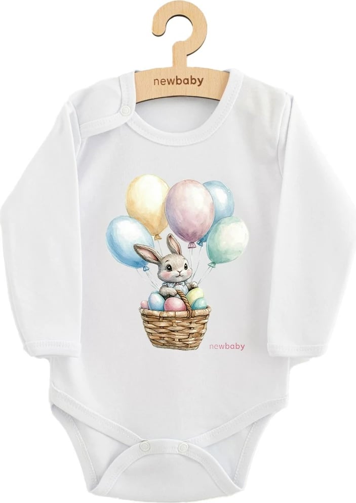 bodi bebe, NEW BABY, Rabbit with Balloons, 100% pambuk, me mëngë të gjata, madhësia 74 (6-9m), e bardhë
