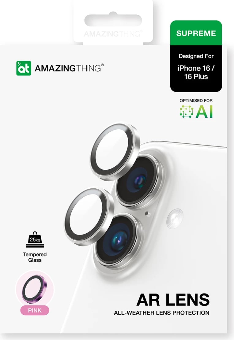Mbështjellës AmazingThing AR Aluminum 2 Lens Glass me kornizë për kamera, për iPhone 16 / 16 Plus, Rozë