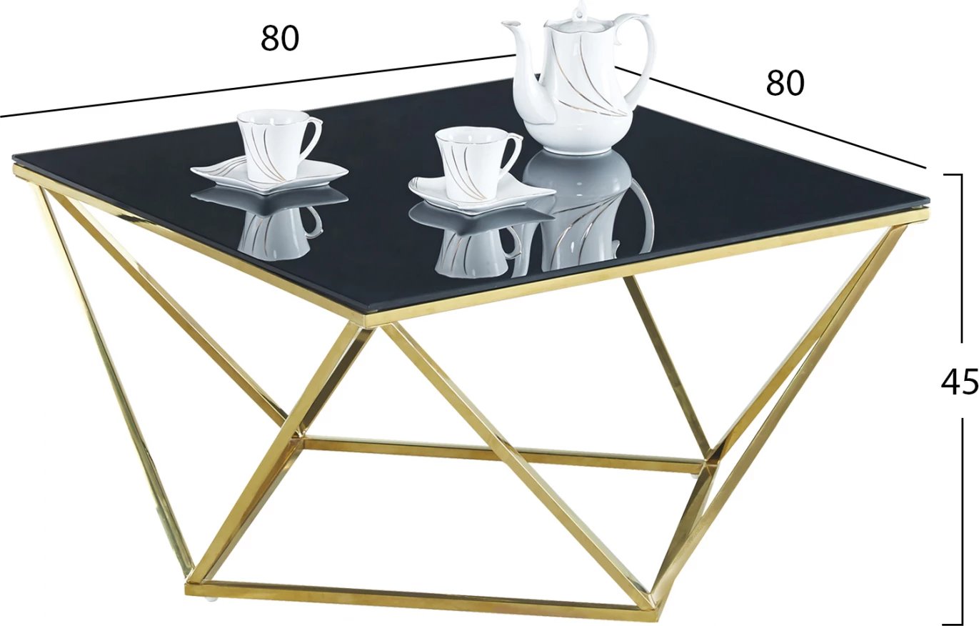 Tavolinë kafeje Willow FH8613.01 me xham të zi dhe bazë të artë 80X80X45 cm