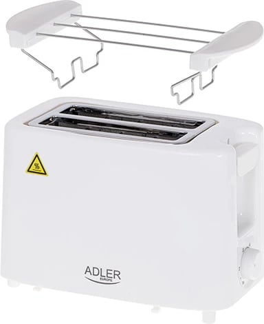 Toster Adler AD 3223, 2 feta, 650–900W, 6 nivele pjekjeje, sirtar thërrimesh, rack për kifle, e bardhë Toster Adler AD 3223, 2 feta, 650–900W, 6 nivele pjekjeje, sirtar thërrimesh, rack për kifle, e bardhë