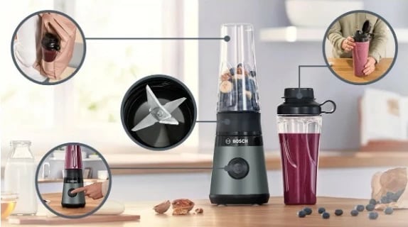 Blender tavoline mini, Bosch, MMB2111S, 0.6 L, 450 W, shishe ToGo, e zezë/argjendtë
