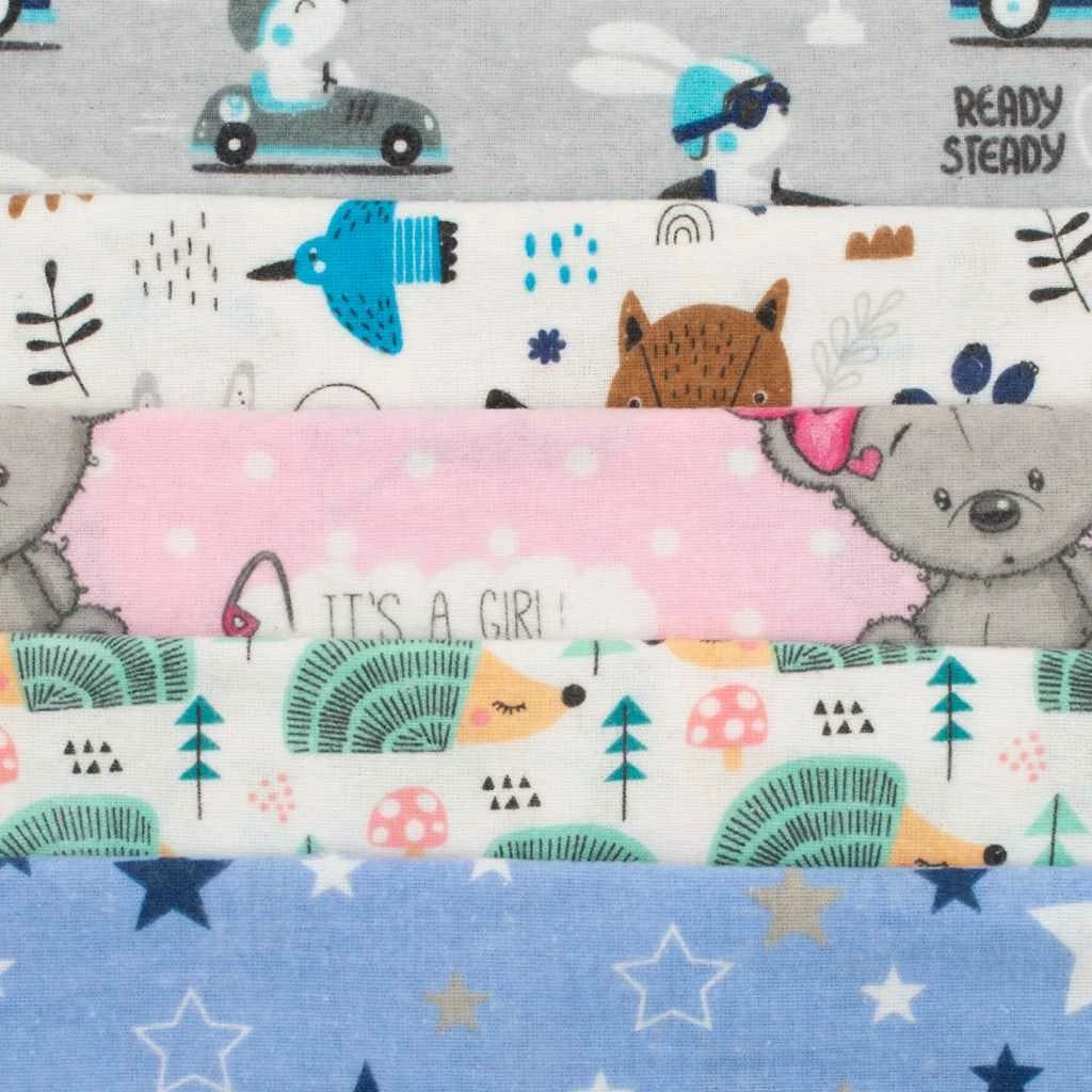 Pelenë flanele bebe, NEW BABY, 70x80 cm, 100% pambuk, me print, set 10 copë, ngjyrat sipas fotos