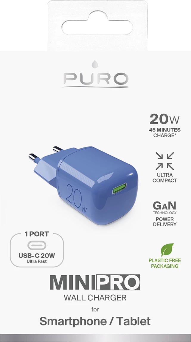 Karikues muri Puro Elektrik 20W GaN, USB-C, Kaltër