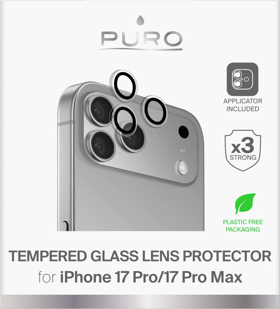 Xhama të temperuar për lente kamerë, Puro Individual, për iPhone 17 Pro / iPhone 17 Pro Max, Transparent