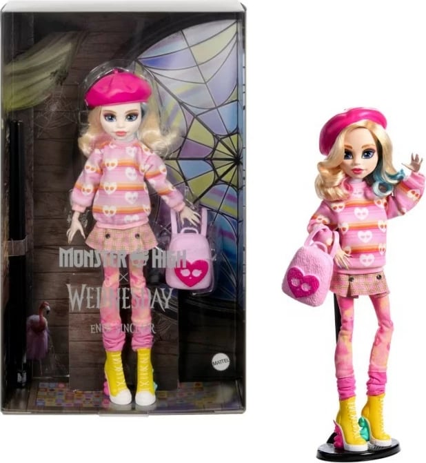 Lodër Monster High Mattel Enid Sinclair HXJ05 me beret rozë dhe çantë shpine