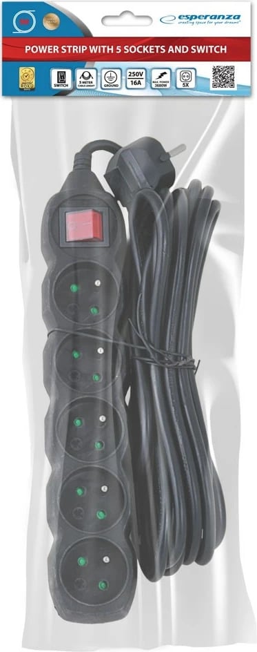 Zgjatues elektrik Esperanza ELK216K, 5 dalje, 5 metra, i zi