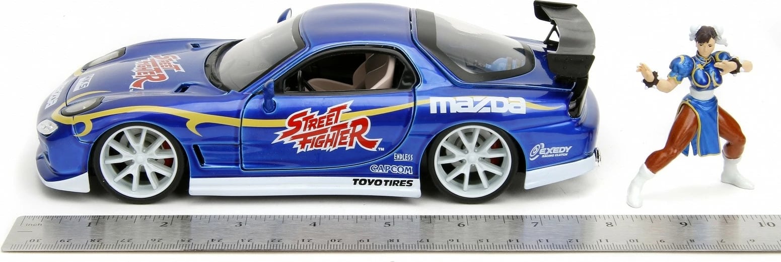 Model makine JADA TOYS Street Fighter 1993 Mazda RX7 1:24 me figurë Chun-Li, Blu, set