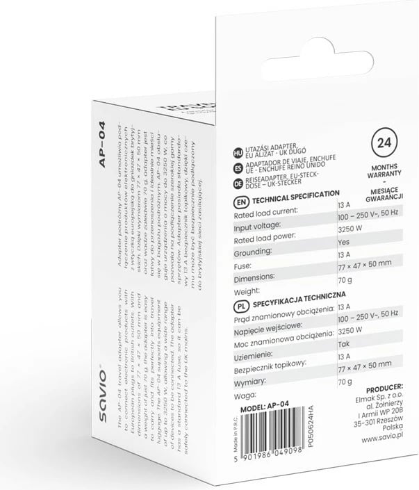 Adapter udhëtimi Savio AP-04, prizë EU në plug UK, i bardhë