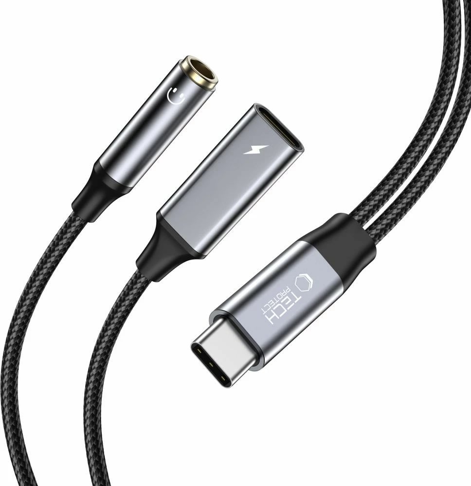 Adapter Tech-Protect UltraBoost, USB-C (mashkull), USB-C (femër), mini jack 3.5mm (femër), i zi